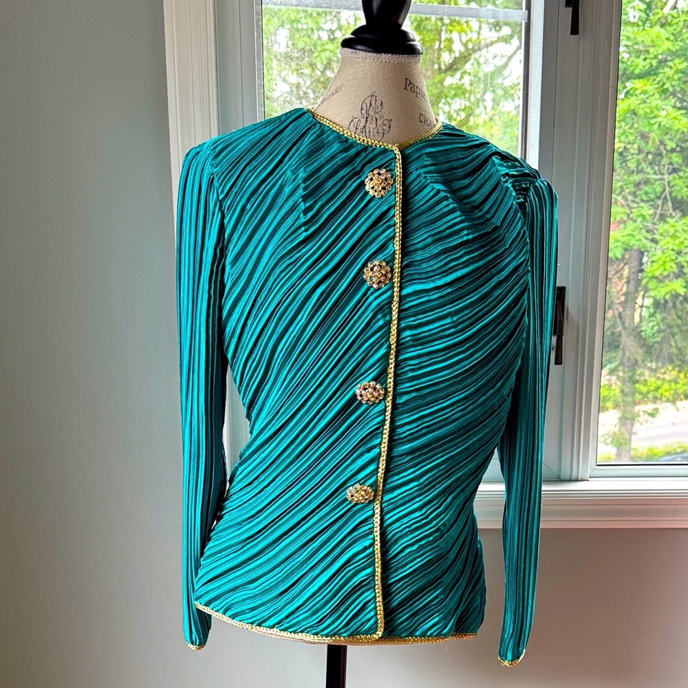 Vintage Miss Elliette teal Plisse pleated‎ satin rhinestone metallic jacket Medm